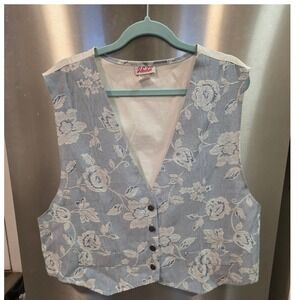 Vintage Jess Blue Floral Tapestry Vest Women 22W Made in USA Cottagecore Rose